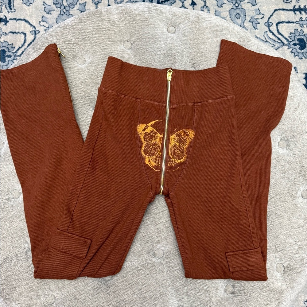TORDROBES Brown UZip Butterfly Embroidered Ribbed Knit Cargo Flare Pants Sz M - Picture 3 of 12